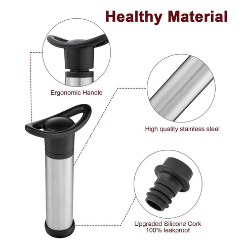 Wine Saver Vacuum Pump Kit With Four Silicone Stoppers keeps opened wine fresh, shown with ergonomic handle and stainless steel body.