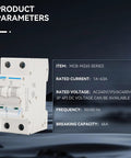 Image of a 2 Pole Miniature Circuit Breaker 20A C20 6KA Breaking Capacity 110-240V AC, showing product parameters.