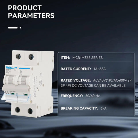 Image of a 2 Pole Miniature Circuit Breaker 20A C20 6KA Breaking Capacity 110-240V AC, showing product parameters.