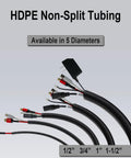 HDPE non-split tubing in five diameters showcasing Beefy Heavy Duty Yellow HDPE Wire Loom Tubing Non Split Corrugated Cable Protector.