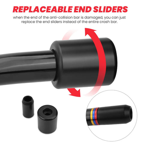 Close-up of replaceable end sliders on Badass Saddlebag Guard Crash Bar For Harley Touring Motorcycles, Heavy Gauge Steel.
