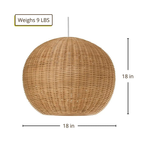 Handwoven Wicker Ball Pendant Light 18 Inch Ceiling Fixture With Adjustable Cord Natural Finish front view