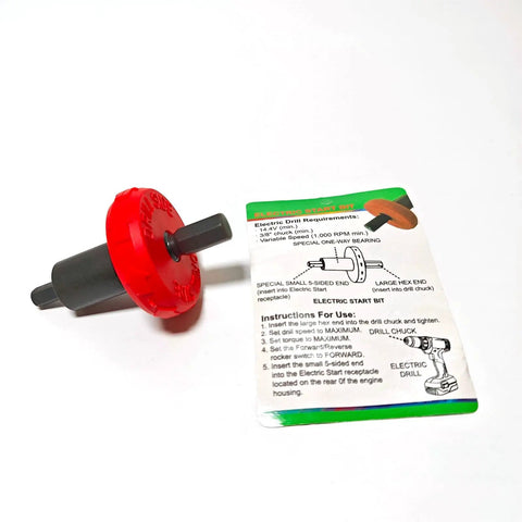 Red Jump Start Drill Bit Adapter For Electric Engine Ignition Bypass next to instruction card. Compatible with Craftsman and Troy Bilt.