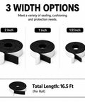 Heavy Duty Single Sided Foam Weather Stripping Tape 1/2 Inch Wide 1/4 Inch Thick 16.5 Feet Long showing three width options.