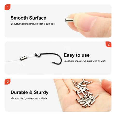 Copper Barrel Crimp Sleeves Kit 250 Pieces 5 Sizes for fishing with smooth surface and durability shown in hand and on wire.
