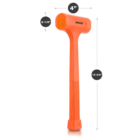 2 Pound Neon Orange Dead Blow Hammer With Unibody Molded Handle And Checkered Grip For Maximum Impact, Steel Shot Filled Head Prevents Sparks And Rebound, Rebound Resistant For Auto Body And Metalworking, featuring size measurements