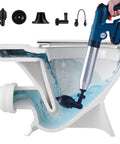 Five In One Toilet Plunger Kit With Air Pressure Hand Pump No Fuss High Pressure Plunger Set For Toilets Sinks Drains And Bathtubs Includes Multiple Heads For Quick Clear Electric Blue in action inside a toilet.