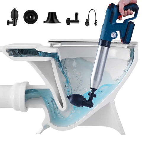 Five In One Toilet Plunger Kit With Air Pressure Hand Pump No Fuss High Pressure Plunger Set For Toilets Sinks Drains And Bathtubs Includes Multiple Heads For Quick Clear Electric Blue in action inside a toilet.