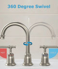 Widespread 8 Inch Brushed Nickel Bathroom Faucet Dope Pop Up Drain, showcasing 360-degree swivel with hot and cold handles.