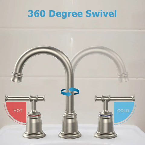 Widespread 8 Inch Brushed Nickel Bathroom Faucet Dope Pop Up Drain, showcasing 360-degree swivel with hot and cold handles.