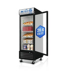 Top Shelf 27 Inch Commercial Display Freezer Upright Merchandiser With Triple Pane Glass Door and 20.6 cu ft capacity holding pizzas and ice cream.