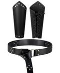 Medieval Viking Belt And Faux Leather Arm Guards Bracers Set 3 Piece For Cosplay Go-To Battle Gear in classic black.