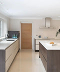Modern kitchen with 3 Inch LED IC Rated Swivel Round Trim Recessed Lighting Kit 4-Pack With White Finish installed in ceiling.