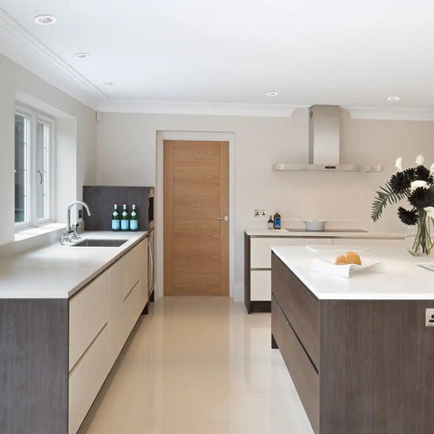 Modern kitchen with 3 Inch LED IC Rated Swivel Round Trim Recessed Lighting Kit 4-Pack With White Finish installed in ceiling.