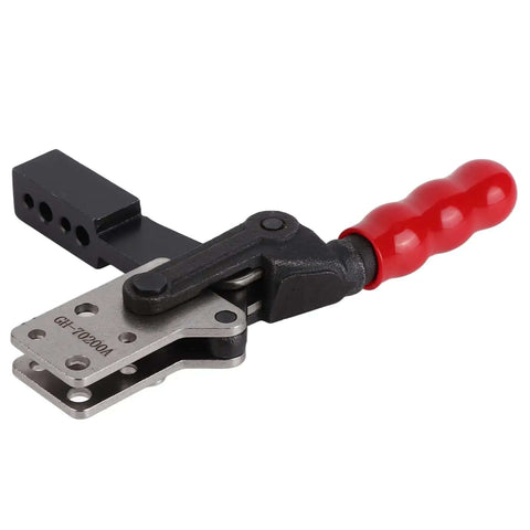 Quick Release Toggle Clamp For Beefy Heavy Duty Welding And Car Door Fixtures High Carbon Steel Fixture Clamp With 250 Kg Holding Force Easy Locking And Releasing Durable Welding Clamp For Precision Jigs And Frames, side view showing red handle and metal components