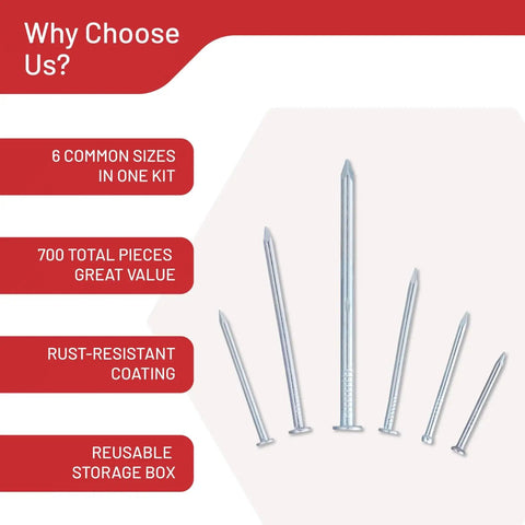 Nails Assortment Kit With 700 Pieces Of Galvanized High Carbon Steel Finish Nails For Hanging Pictures And Wall Art Decor Includes Handy Organizer Box And Six Sizes From Three Quarters Inch To Two Inches displayed with features