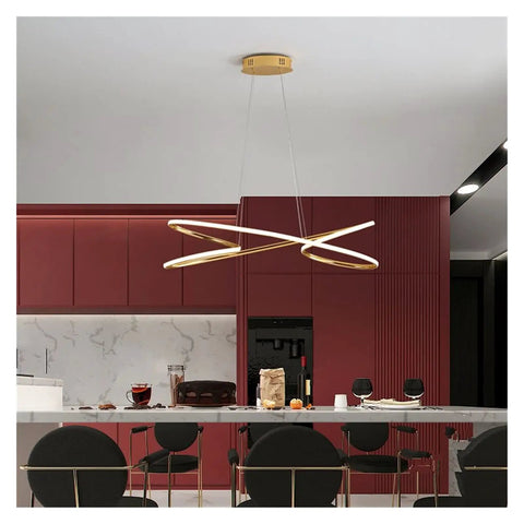 Sleek Gold LED Pendant Light for Dining Room and Kitchen, L80xW30xH120cm, modern dimmable chandelier above a kitchen island.