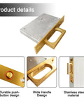 Recessed Finger Flush Pulls With Edge Pull For Pocket Doors, Closet Doors, Sliding Doors And Barn Doors, Stainless Steel Hardware In Gold Finish, 4.72 Inch Long, Rust Resistant, Pop Up Design For Easy Activation And Smooth Operation with close-up and installed view.
