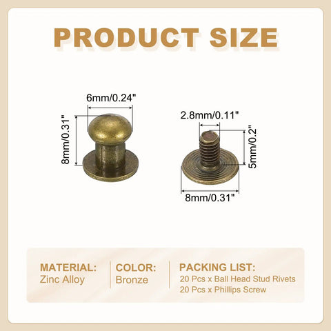 6mm Bronze Leather Rivets Set With Ball Head Stud Screws, 20 Pieces, Screw-Back Round Button Chicago Style Nipple Rivets For Leather DIY Craft Handbags Belts Repairs, zinc alloy size chart