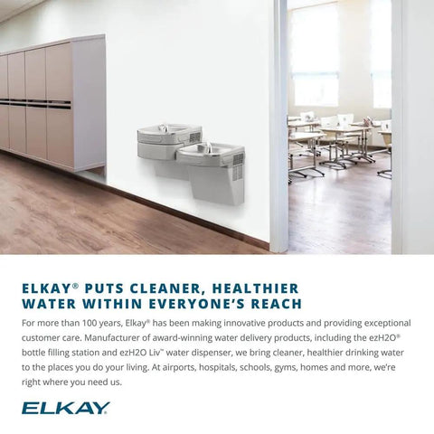 WaterSentry VII Universal Filter Kit For Bottle Filling Stations Turns Any Nonfiltered Cooler Or Fountain Into Clean Filtered Water No Fuss SpaceSaving Compact Design QuickDisconnect One Quarter Turn Filters With Automatic Shutoff shown in a modern school setting
