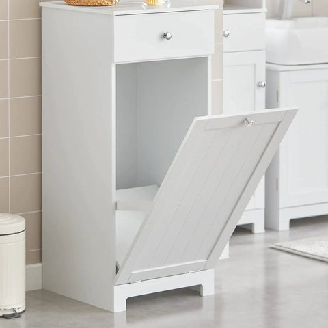 Slim Tilt-Out Laundry Hamper Cabinet For Tight Spaces with open tilt-out door, white MDF construction in bathroom setting.