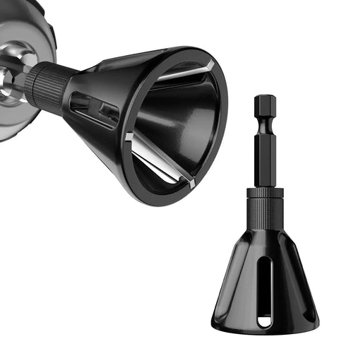 Straight Fire Deburring And Chamfering Tool With Tungsten Carbide Blades showing black cone shape and hex shank for fast metal work.
