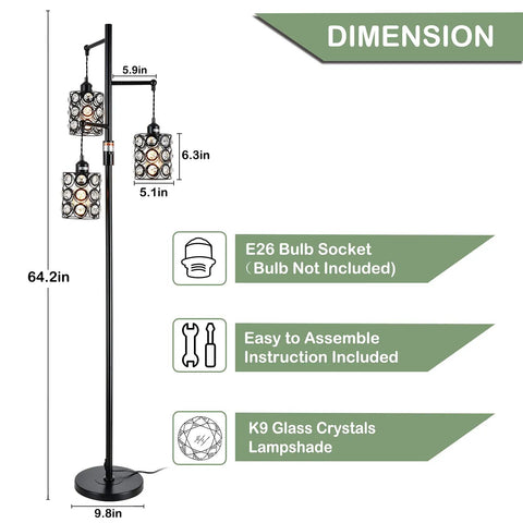Vintage Farmhouse Floor Lamp With Three Light Tree Design, Industrial Crystal Glass Standing Lamp For Living Room Or Office, On Off Rotary Switch, 64 Inch E26 Base