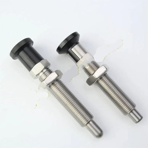 M16 Indexing Plunger Shop Grade Self Locking Reset Pin featuring a stainless steel body and aluminum knob, ideal for precise setup.