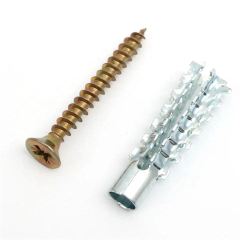 Heavy Duty Self Drilling Wall Anchor Bolts Set 200 Steel Expansion Tubes Self Tapping Screws Yellow Zinc Plated Carbon Steel For No Prep Install On Drywall Cabinets Shelves TV Mounts, close-up