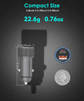 MFi Certified 38W Dual Port Car Charger with size, weight, and coin for scale, detailed USB-C PD and QC 3.0 ports visible.