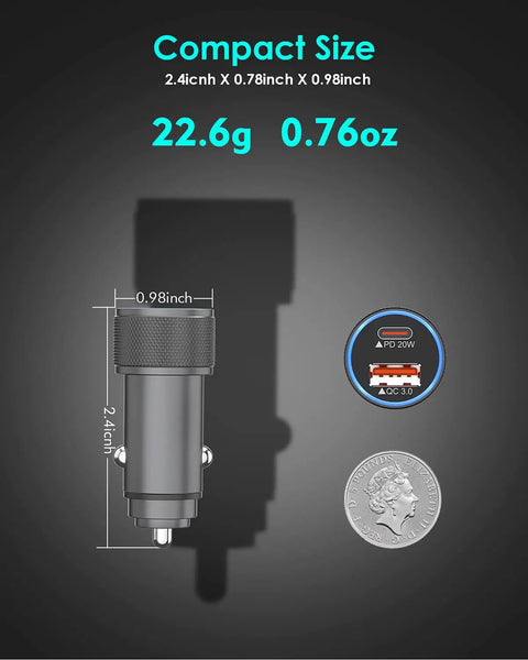 MFi Certified 38W Dual Port Car Charger with size, weight, and coin for scale, detailed USB-C PD and QC 3.0 ports visible.