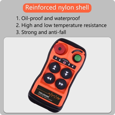 Front view: Q400 industrial wireless crane remote control in orange with four black buttons and a green Start button.