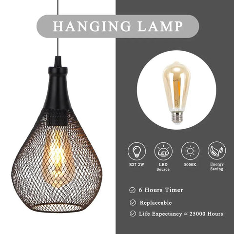 Teardrop Hanging Lamp Battery Operated Cordless Light For Indoor Outdoor Use Party Ready Patio Events With Edison Style Bulb And Copper Cage Frame For Warm Ambient Glow And Easy Mount Vibe, shown with LED features and Edison bulb.