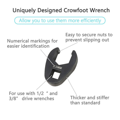 Metric Crowfoot Flare Nut Wrench Set 8mm To 24mm, 21-Piece With 3/8 And 1/2 Inch Drives, Built For Tight Spots And Auto Jobs, Beefy Gear For Hard To Reach Fittings Everyday. 23mm crowfoot wrench with 3/8 and 1/2 drive, black steel