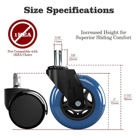 Size specifications for Premium Rubber Office Chair Wheels Replacement Set Of 5 Universal Fit, showing dimensions and compatibility.