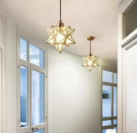 Lit Gold Ceiling Pendant Light With Star Design, Vintage Hanging Lamp in hallway, E26 Socket, Metal and Clear PVC decor