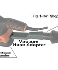 Shop Vac Hose Adapter For Corded Detail Sanders One And A Quarter Inch Hose Connection Dust Reduction Kit attached to sander