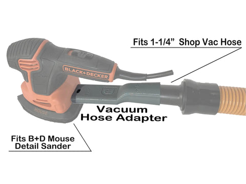 Shop Vac Hose Adapter For Corded Detail Sanders One And A Quarter Inch Hose Connection Dust Reduction Kit attached to sander