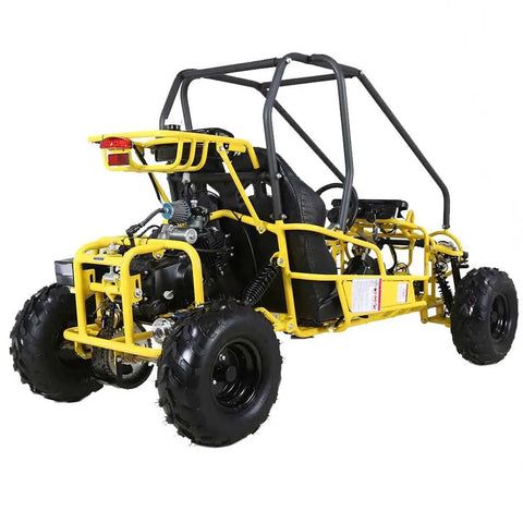 Rear view of yellow Gokart GK110 125cc Gas Powered Auto With Reverse Two Seater for Kids and Teens, showing tires and frame.
