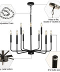 Black Farmhouse Chandelier For Dining Room Over Table Nine Light Industrial Metal Candle Lighting Fixture For Living Room Kitchen Island Entryway Foyer With Modern Rustic Vibe. Features adjustable chain and E12 bulbs socket.