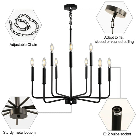 Black Farmhouse Chandelier For Dining Room Over Table Nine Light Industrial Metal Candle Lighting Fixture For Living Room Kitchen Island Entryway Foyer With Modern Rustic Vibe. Features adjustable chain and E12 bulbs socket.