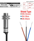 Inductive Proximity Sensor Switch M12 Cylindrical 2mm Sensing, DC 12 To 24V, 3-Wire NPN Normally Open, PR12-2DN, Shielded Flush Mount, CE Certified Industrial Grade Sensor, threaded metal body with brown, black, blue wires