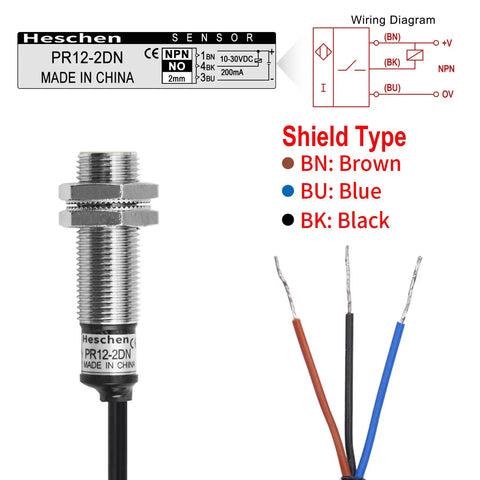 Inductive Proximity Sensor Switch M12 Cylindrical 2mm Sensing, DC 12 To 24V, 3-Wire NPN Normally Open, PR12-2DN, Shielded Flush Mount, CE Certified Industrial Grade Sensor, threaded metal body with brown, black, blue wires