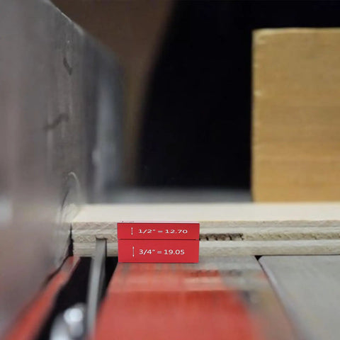 Pro Grade Setup Blocks Height Gauge Set For Router And Table Saw Seventeen Piece Aluminum Height Master in use on table saw
