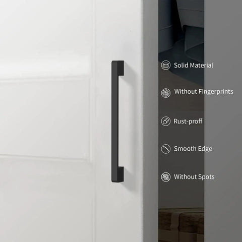 Six Pack 5 Inch Matte Black Kitchen Cabinet Pulls for Cupboards and Drawers, Zinc Alloy Handles, close-up view on door