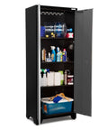 Gray 11 Piece Garage Storage Cabinet Set With 24 Gauge Fully Welded Steel Construction featuring open cabinet filled with cleaning supplies.