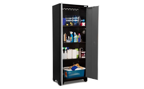 Gray 11 Piece Garage Storage Cabinet Set With 24 Gauge Fully Welded Steel Construction featuring open cabinet filled with cleaning supplies.