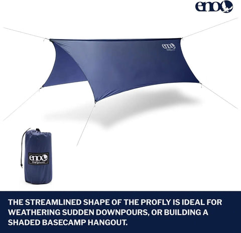 Blue ProFly rain tarp from All-In-One OneLink Hammock Shelter System With DoubleNest Hammock Atlas Suspension Straps Guardian Bug Net ProFly Rain Tarp And Stakes Packable Lightweight Gear For Easy Setup Camping Backpacking And Outdoor Adventures.