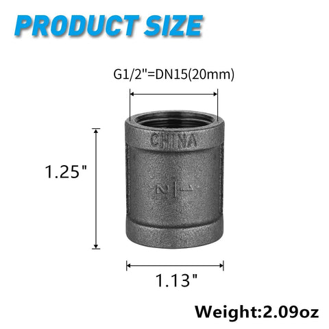 Half Inch Pipe Fitting Coupling 10 Pack Malleable Iron Black Iron Pipe Connector with measurements and weight details