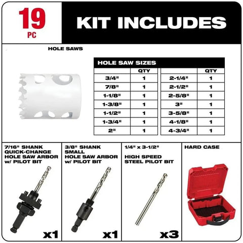 Rock Your Job Site With This Slick 19pc Hole Dozer Kit Boasting Ultra Tough Bi-Metal And Cobalt Saw Blades For Electricians Who Need Heavy Duty Drill Bits That Power Through Drywall And Wood Like A Champ Today. 19-piece hole saw kit with arbor bits and red hard case